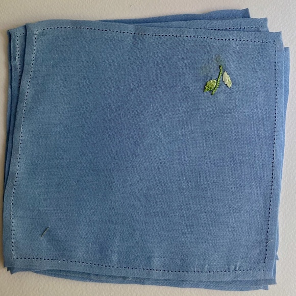 Vintage Ricamo a Mono Embroidered Blue Linen Table Covering  Vintage Ricamo a Mono Embroidered Blue Linen Table Covering & Napkin 7 Piece Set